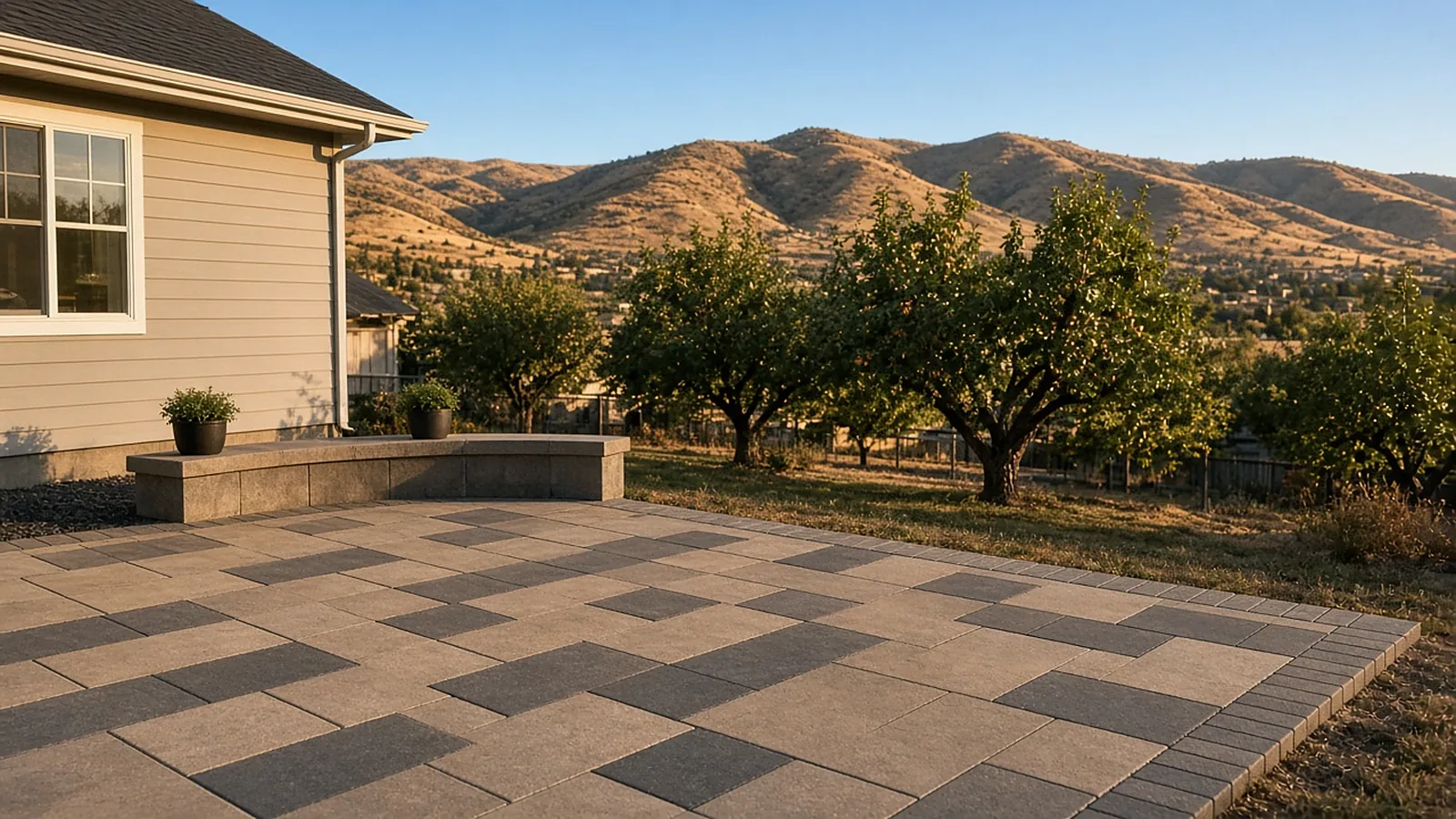 Paver patio with seat wall behind a farmhouse in Emmett, Idaho, with cherry trees and foothills beyond