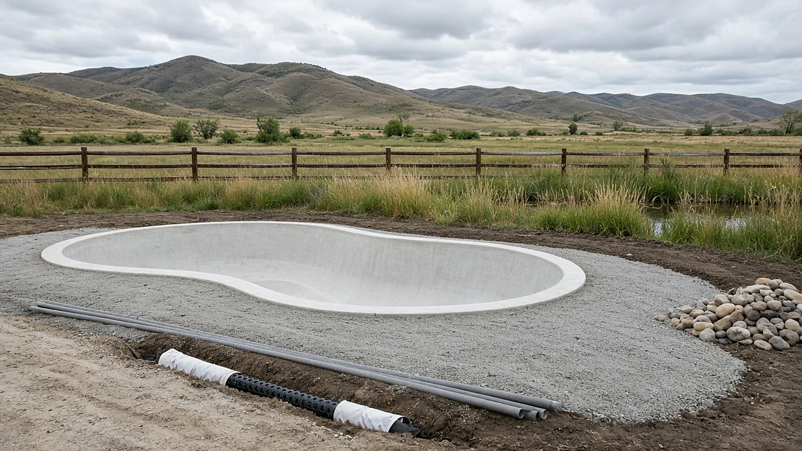 Pool site grading and compacted deck base with drain pipe and utility sleeves in Emmett, Idaho