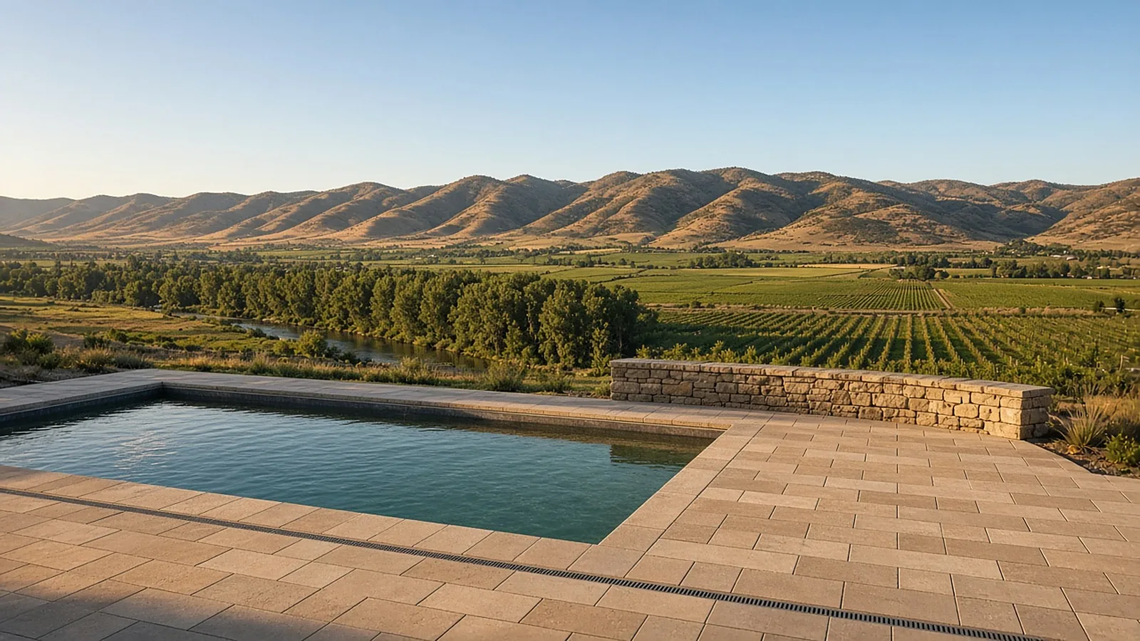 Finished paver pool deck with drainage and landscaped surround on a bench lot in Emmett, Idaho