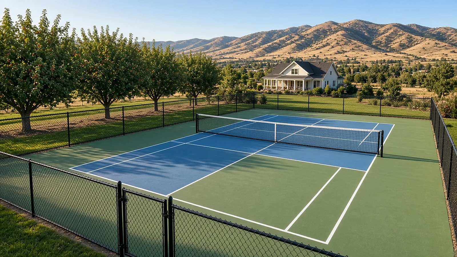 Finished backyard pickleball court with net and black perimeter fencing on an Emmett, Idaho property near orchard trees