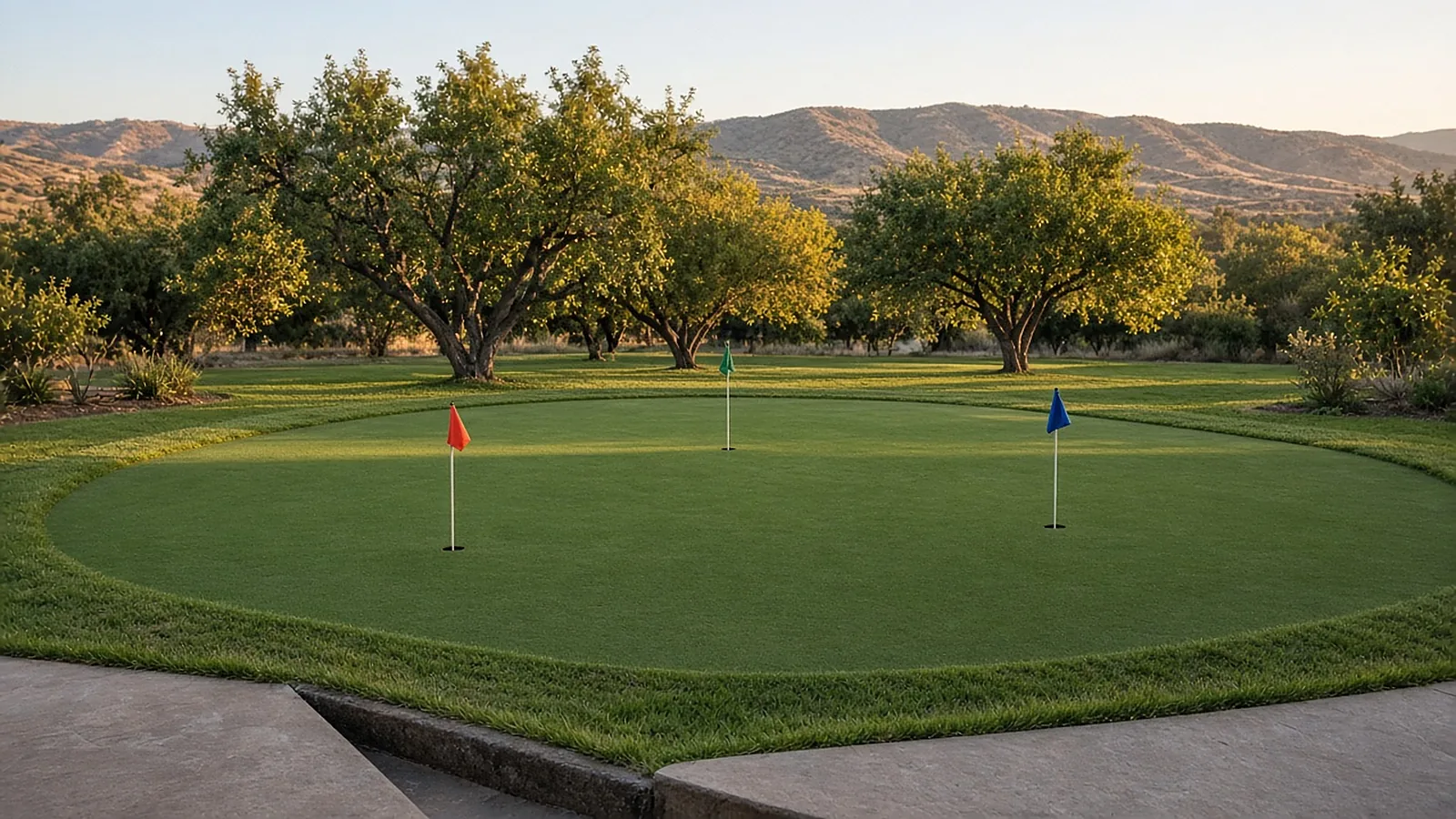 Backyard putting green installation with cups, plain flags and fringe in Emmett, Idaho