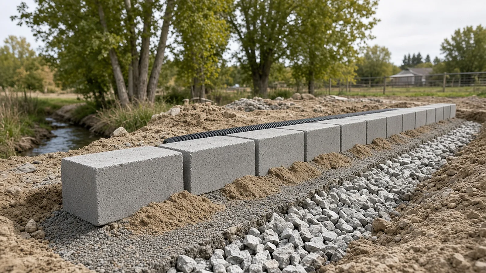Block retaining wall under construction with compacted gravel base and perforated drain pipe in Emmett, Idaho