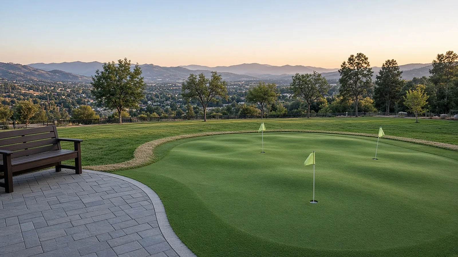 Wide Emmett, Idaho yard with synthetic putting green, fringe, cups and flags beside a patio