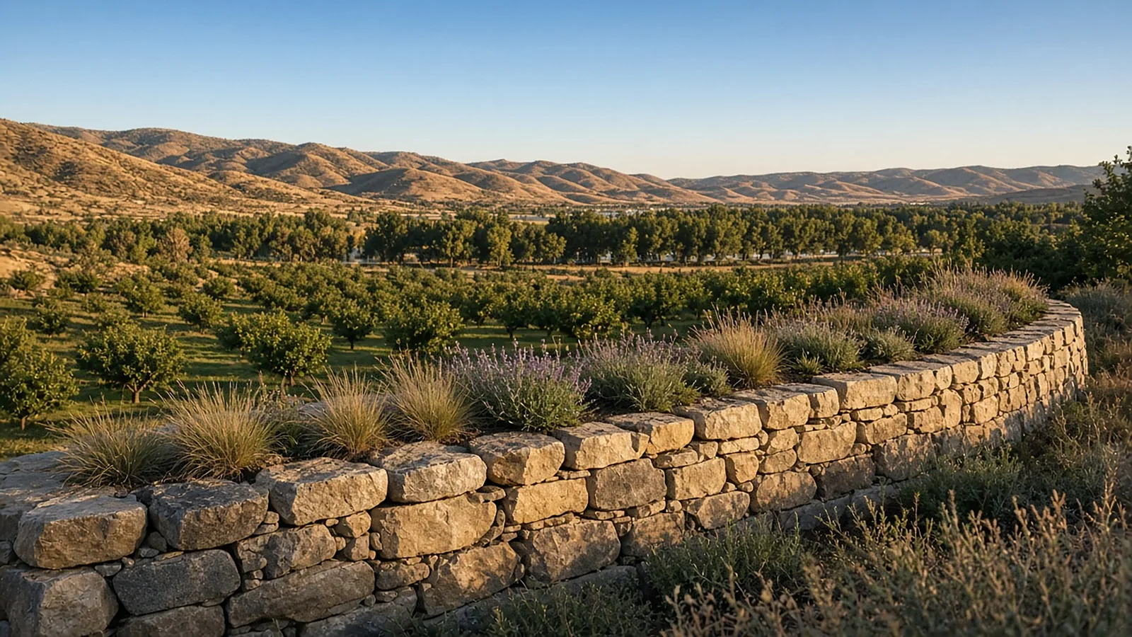 Natural boulder retaining wall holding a sloped backyard on a bench lot in Emmett, Idaho, with foothills behind