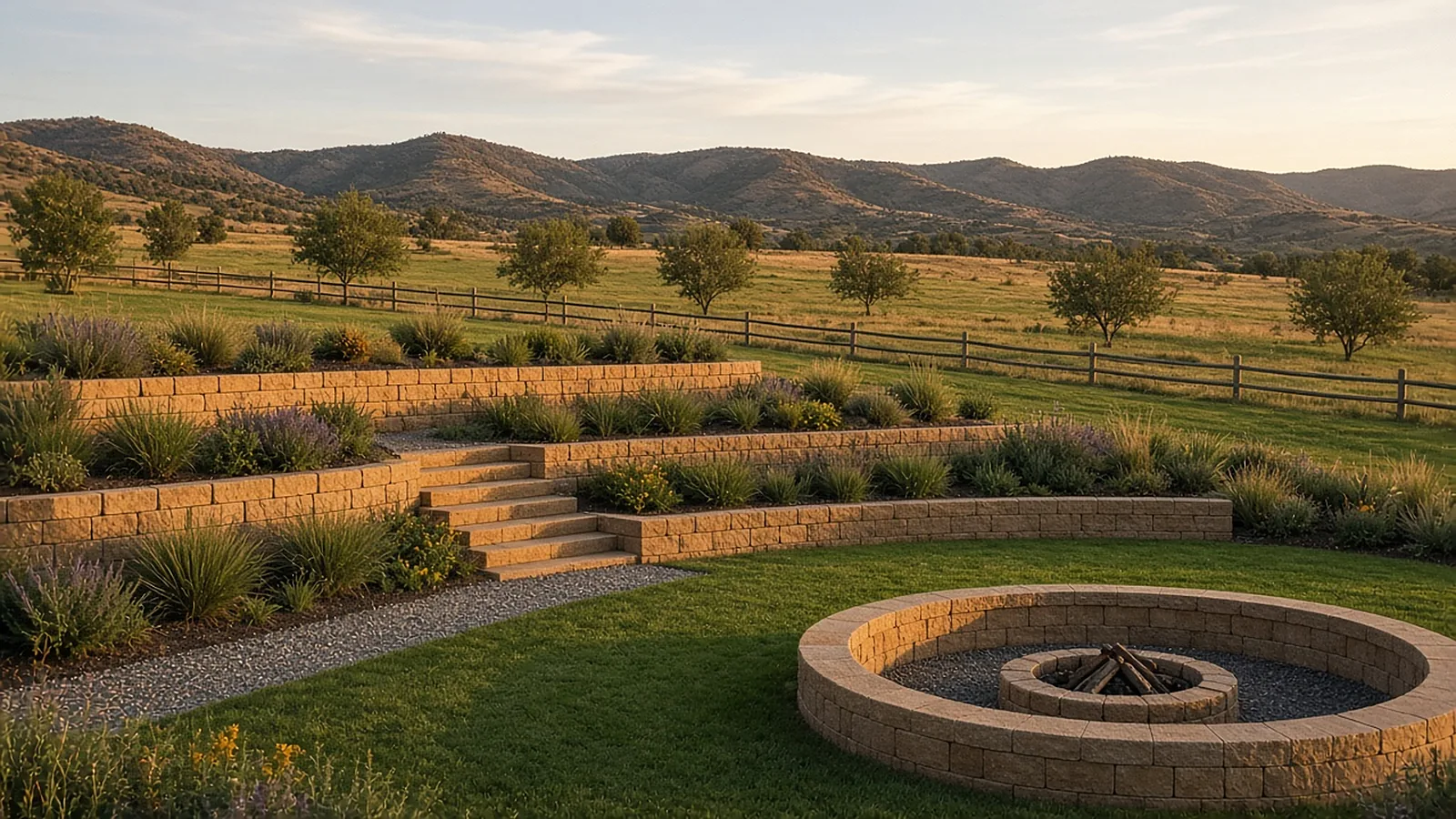 Terraced block retaining walls with lawn, planting beds, and seat wall on a rural acreage yard in Emmett, Idaho