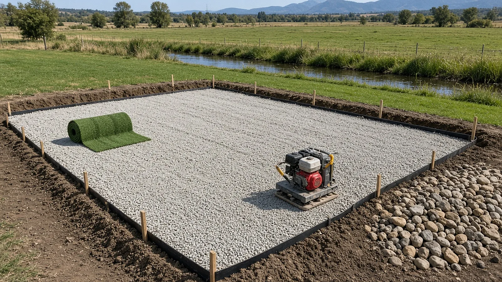 Compacted aggregate base and staked edging for artificial turf installation in Emmett, Idaho
