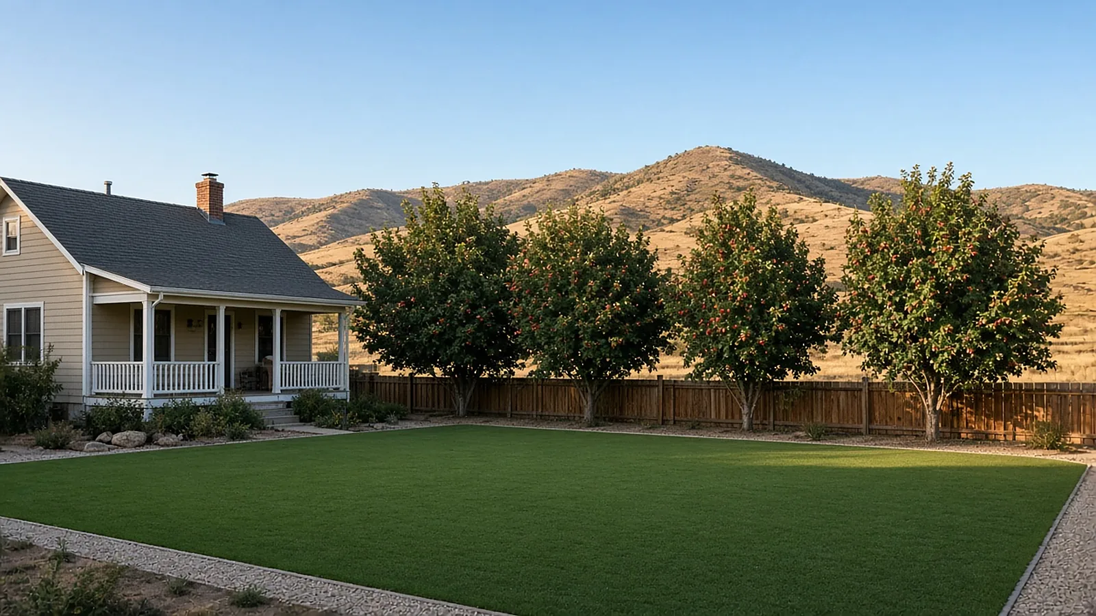 Finished artificial turf backyard with gravel border and cherry trees in Emmett, Idaho