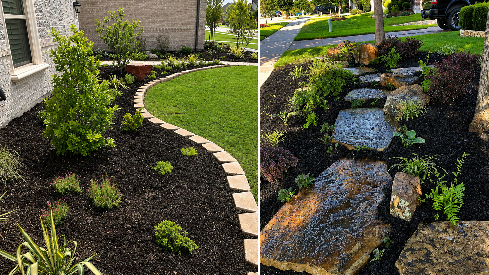 Premium backyard landscape with patio, lawn, and lush planting beds in North Texas
