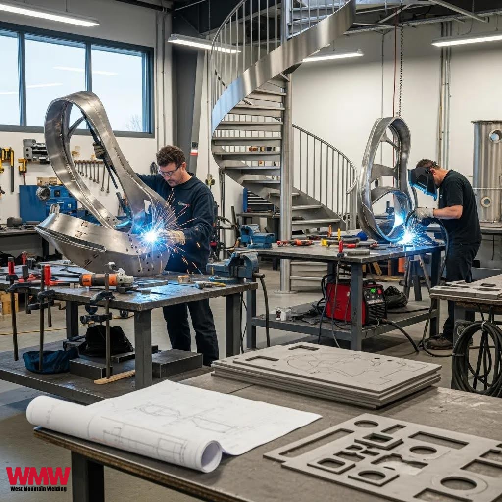 Workers collaborating in a custom metal fabrication workshop, illustrating teamwork and advanced fabrication techniques