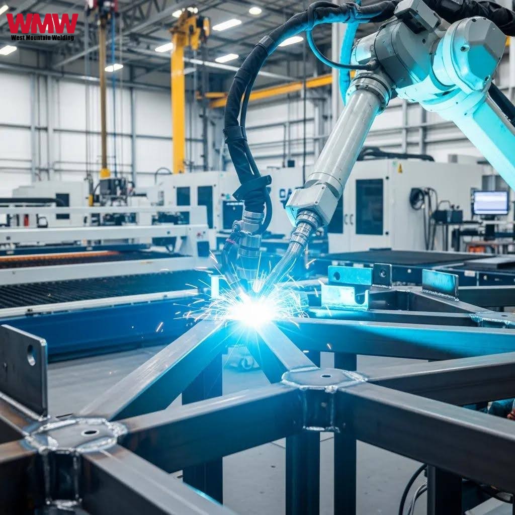 Robotic welding arm executing precise welds in a modern fabrication facility, showcasing advanced welding technologies