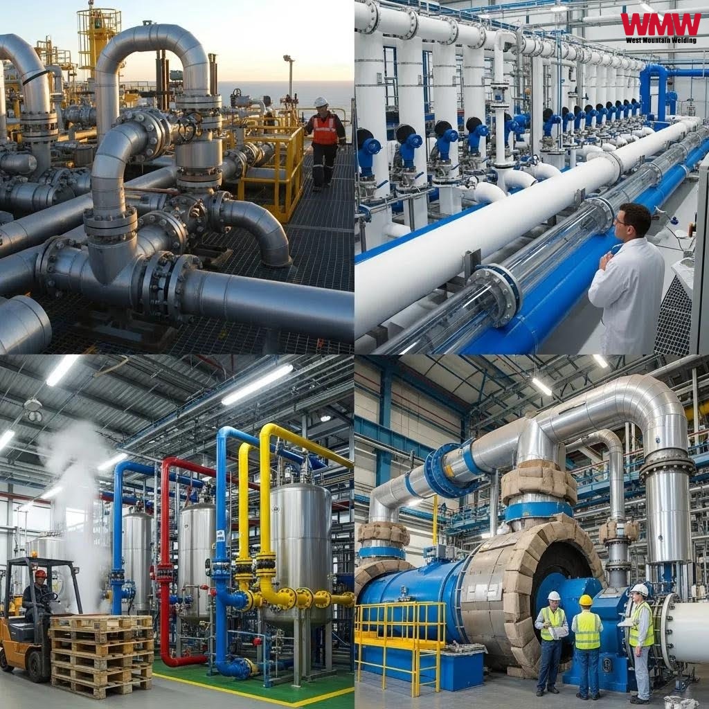 Collage of modular piping applications in oil and gas, water treatment, chemical processing, and power generation
