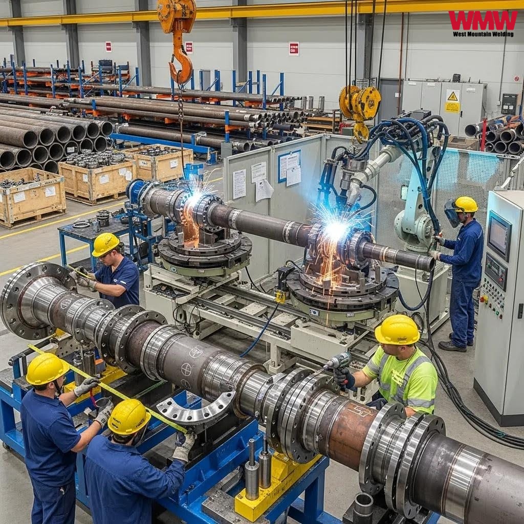 Workers demonstrating core techniques in pipe prefabrication, including automated welding and spool fabrication