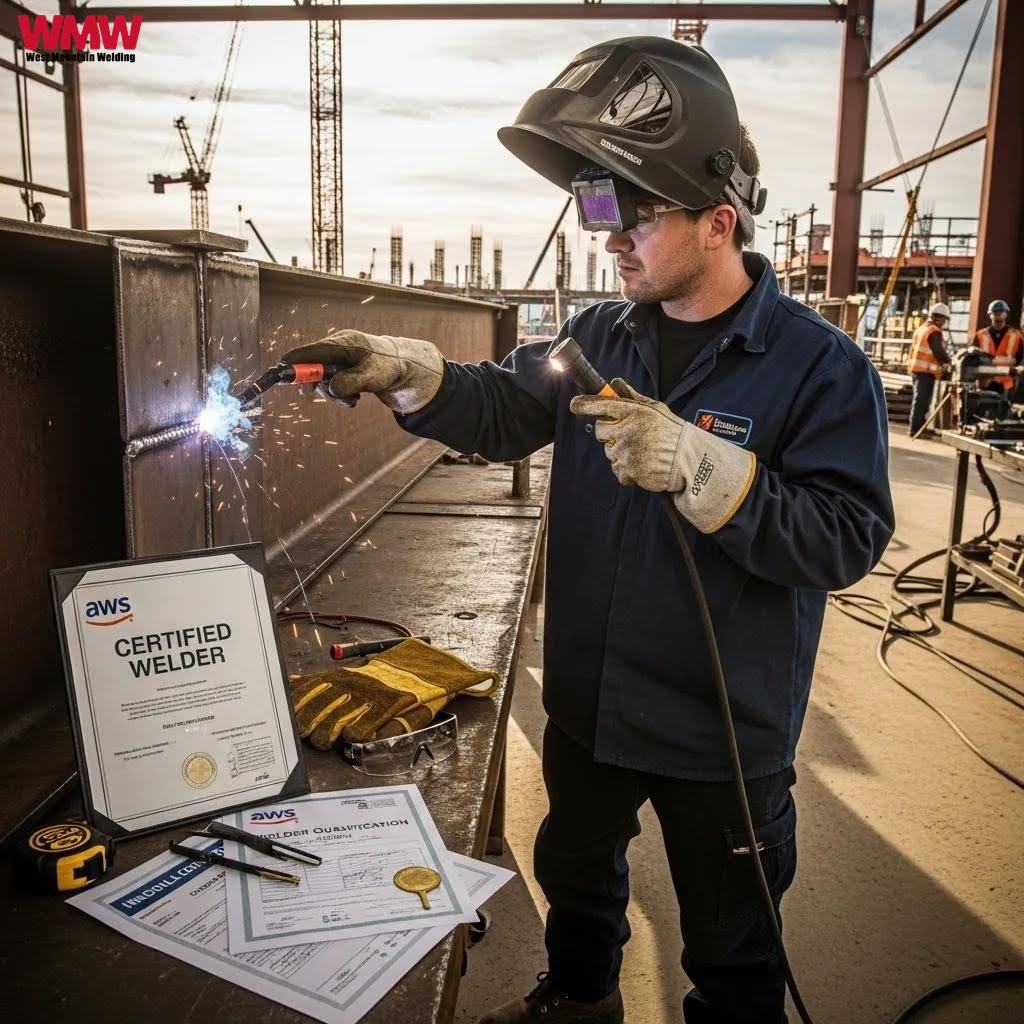 Certified welder inspecting welds with certification documents on a construction site
