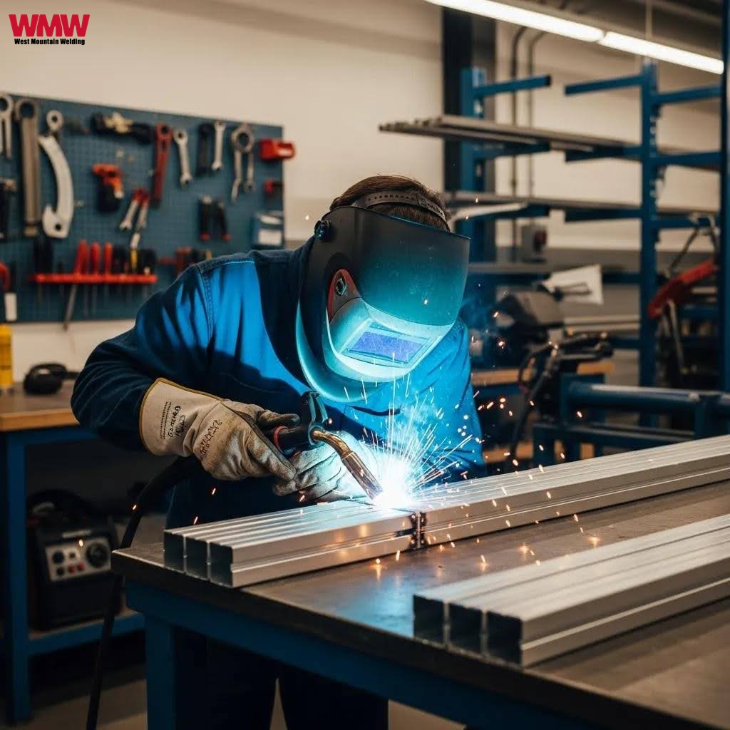 Welder using MIG welding on aluminum bus bars in a workshop