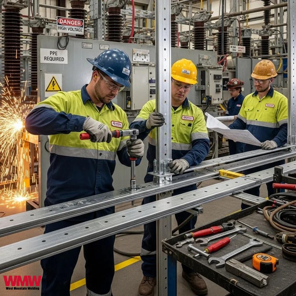 Technicians installing aluminum bus bars in an industrial power system.