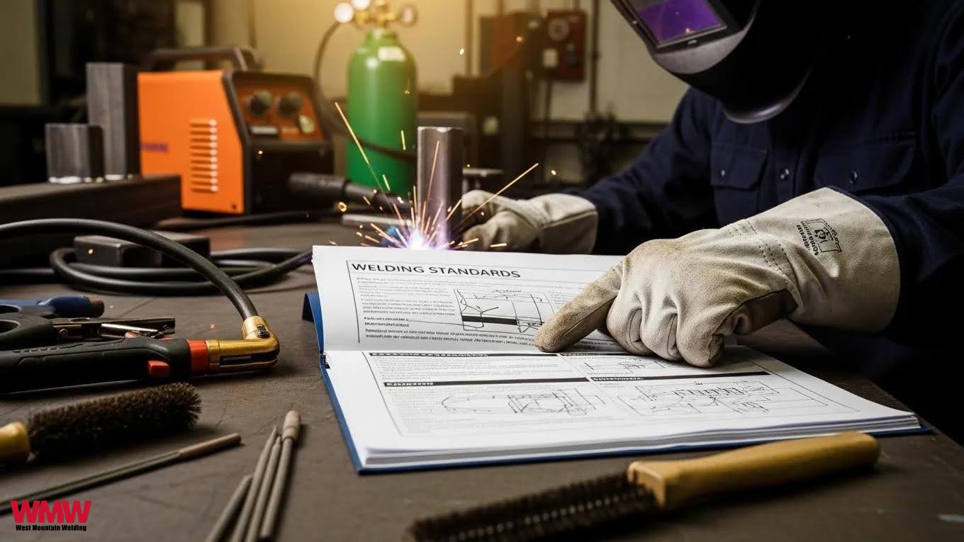 Welder reviewing welding standards documentation with equipment, emphasizing compliance and safety