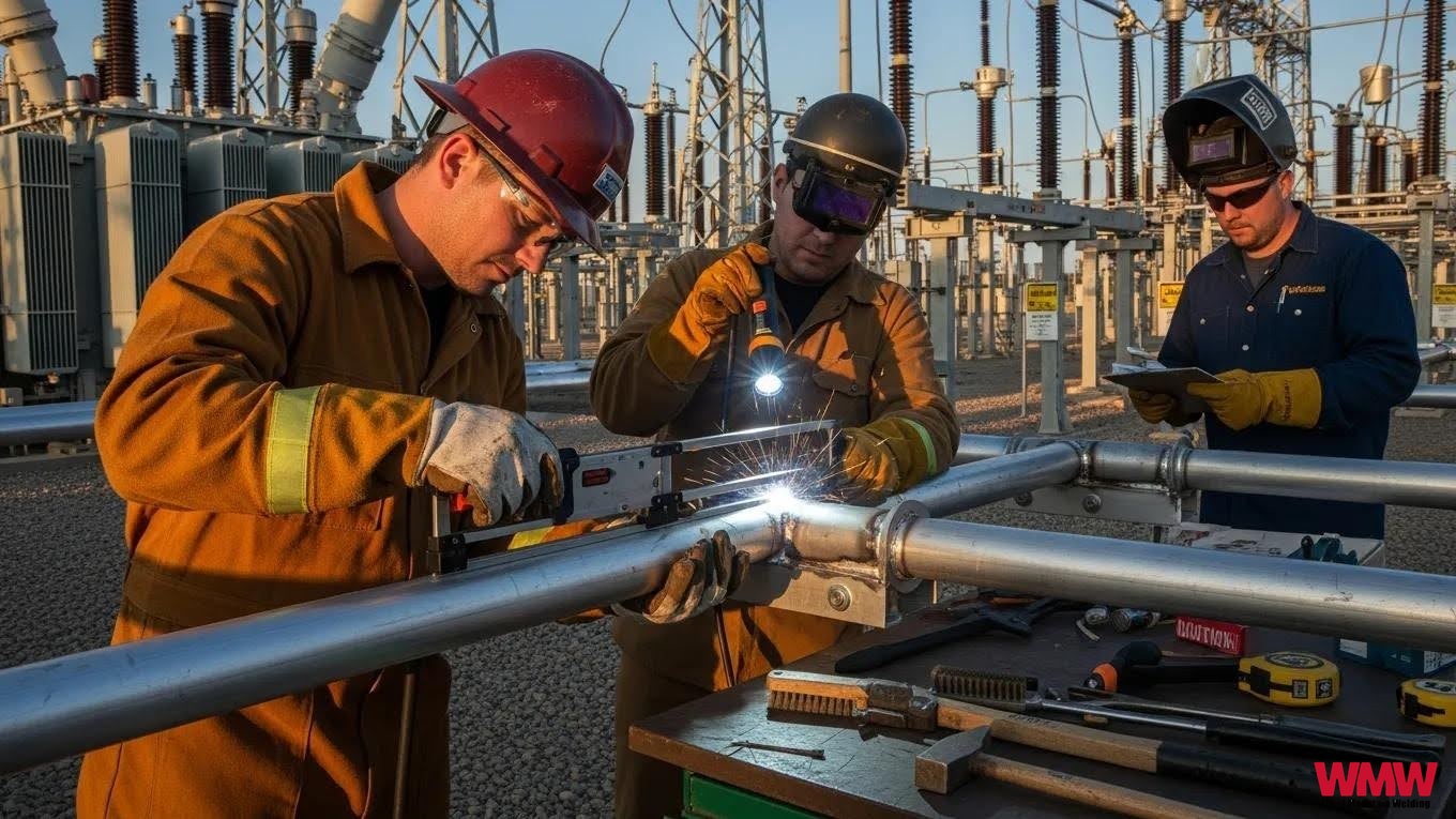 Team of welders inspecting aluminum welds in a substation, focusing on best practices and safety