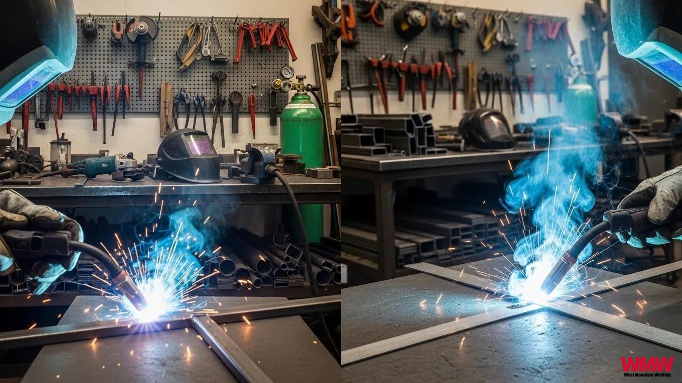 Close-up of MIG and TIG welding techniques in an industrial setting Close-up of MIG and TIG welding techniques in an industrial setting