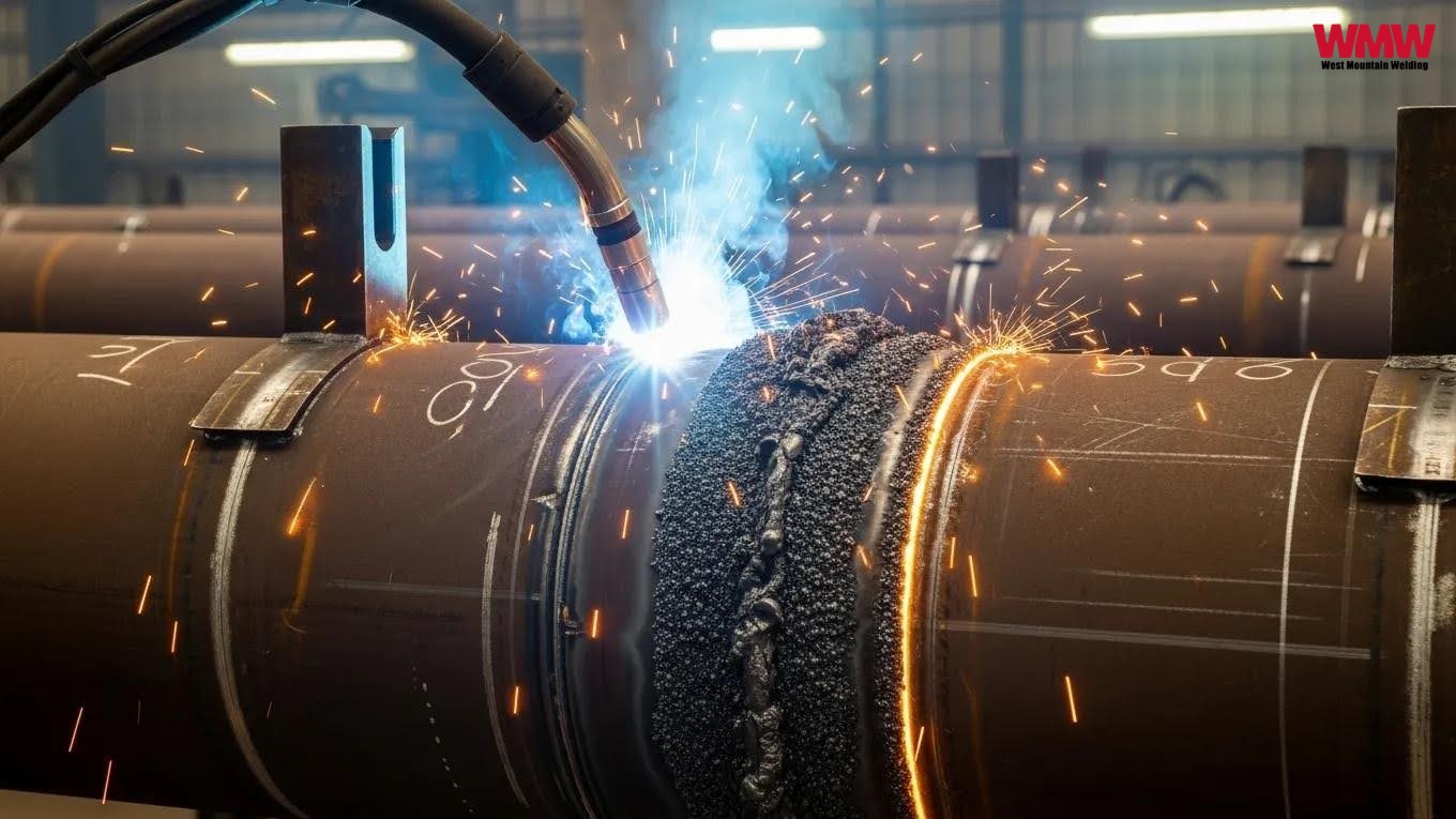 Submerged arc welding process on large steel pipes in an industrial setting. Submerged arc welding process on large steel pipes in an industrial setting.