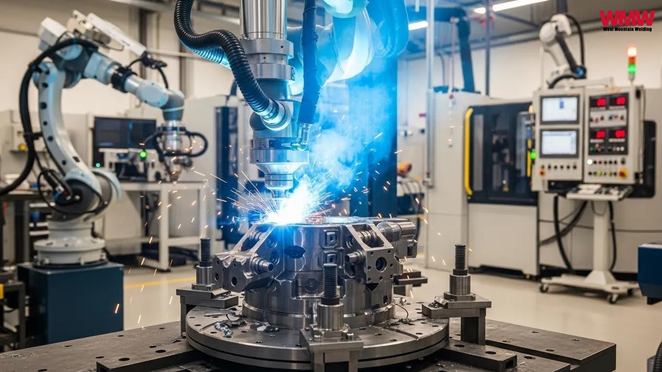 Robotic welding technology in a modern fabrication facility, transforming oilfield projects. Robotic welding technology in a modern fabrication facility, transforming oilfield projects.