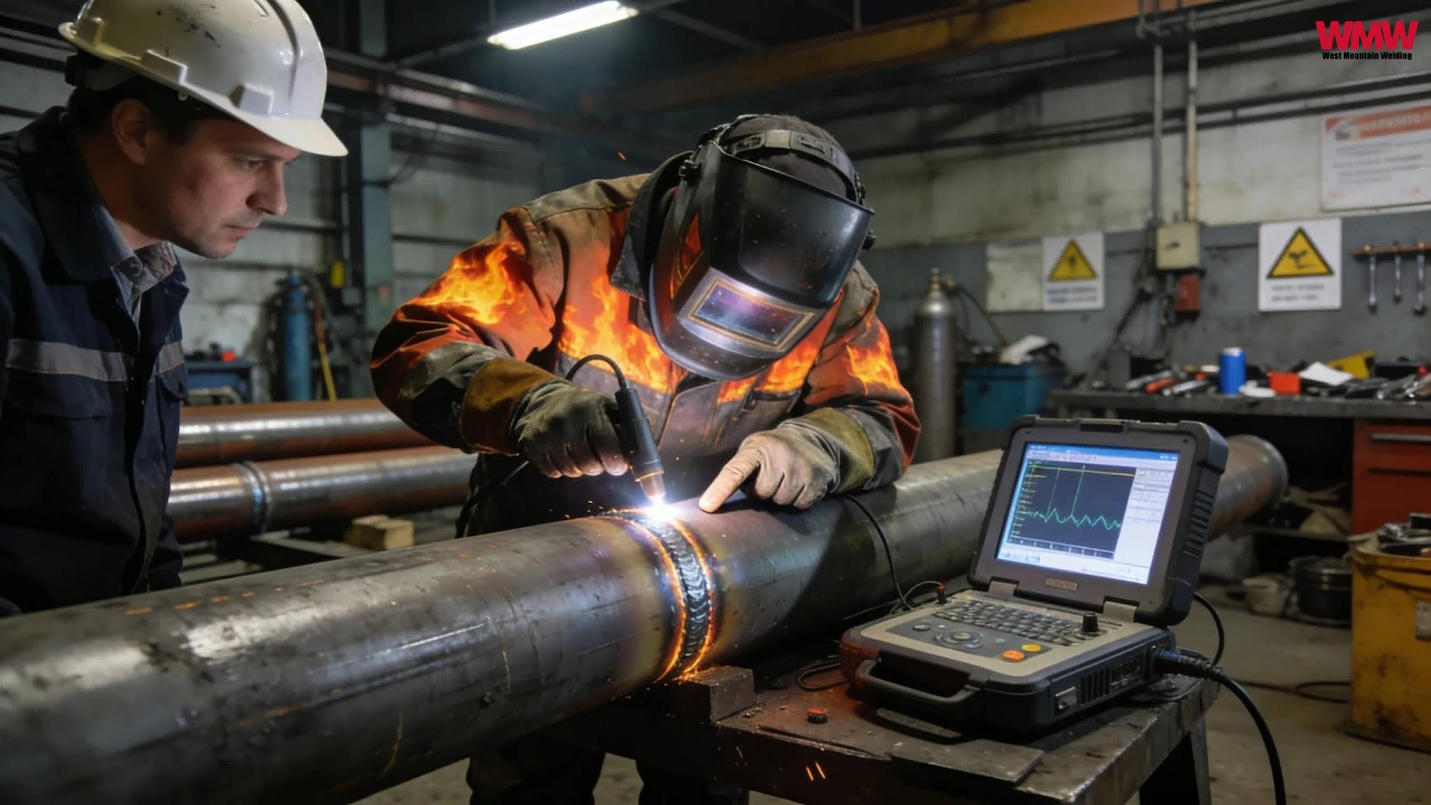 Welder undergoing inspection process for quality assurance in pipeline welding