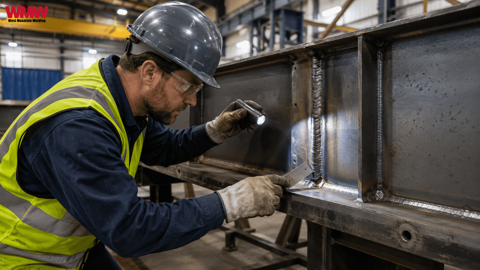 Metal Fabricator on Post-Weld Visual Inspection of a Metal Beam Weld in an Industrial Setting