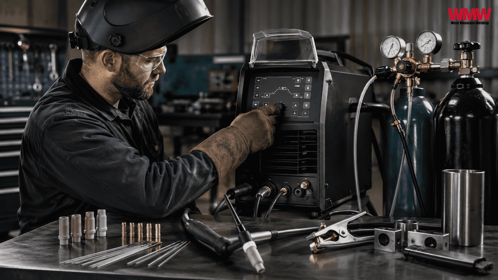 Welder setting up and calibrating GTAW equipment in a workshop