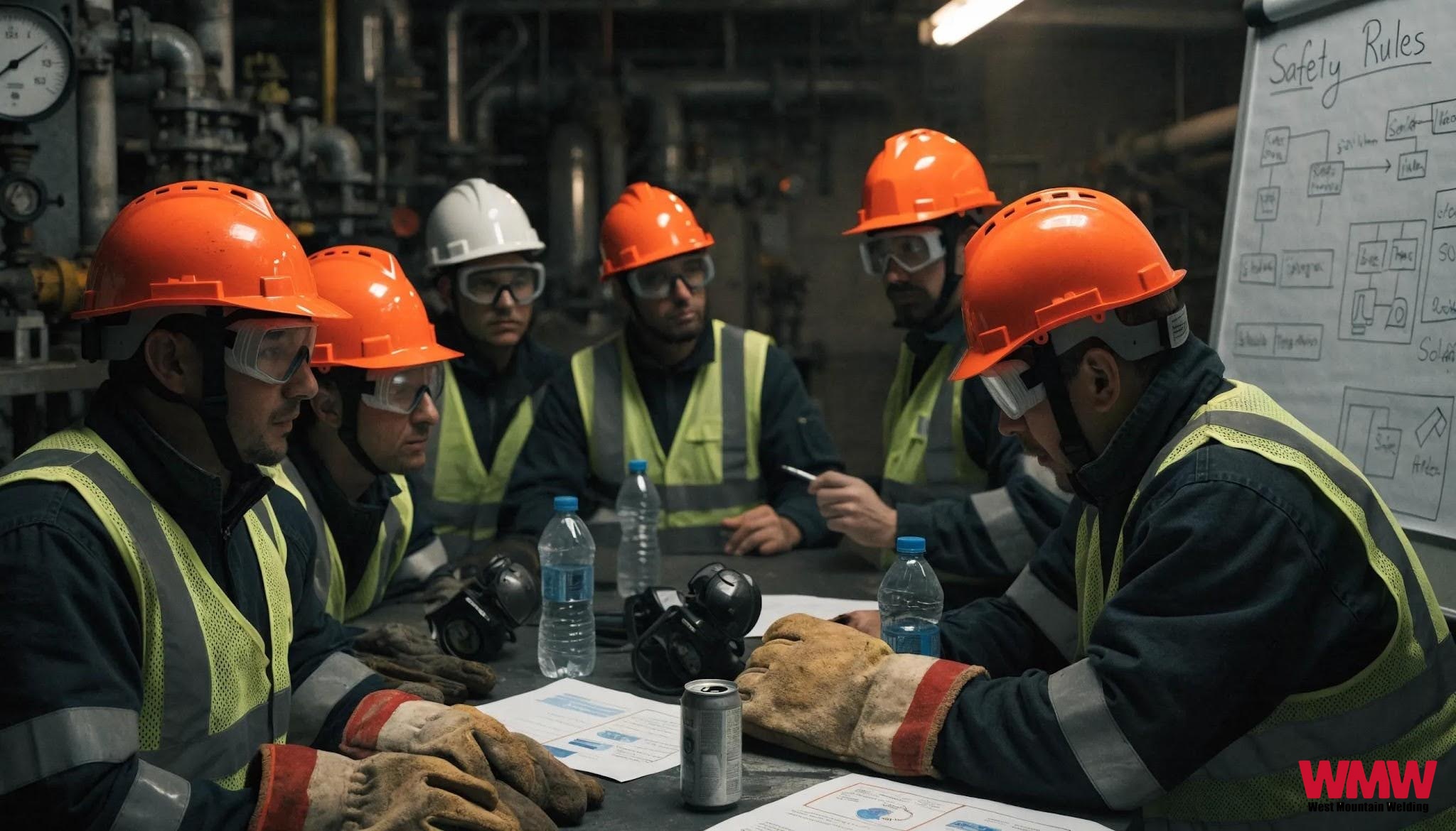 Group of welders in training, emphasizing safety standards and compliance in the oil rig industry Group of welders in training, emphasizing safety standards and compliance in the oil rig industry