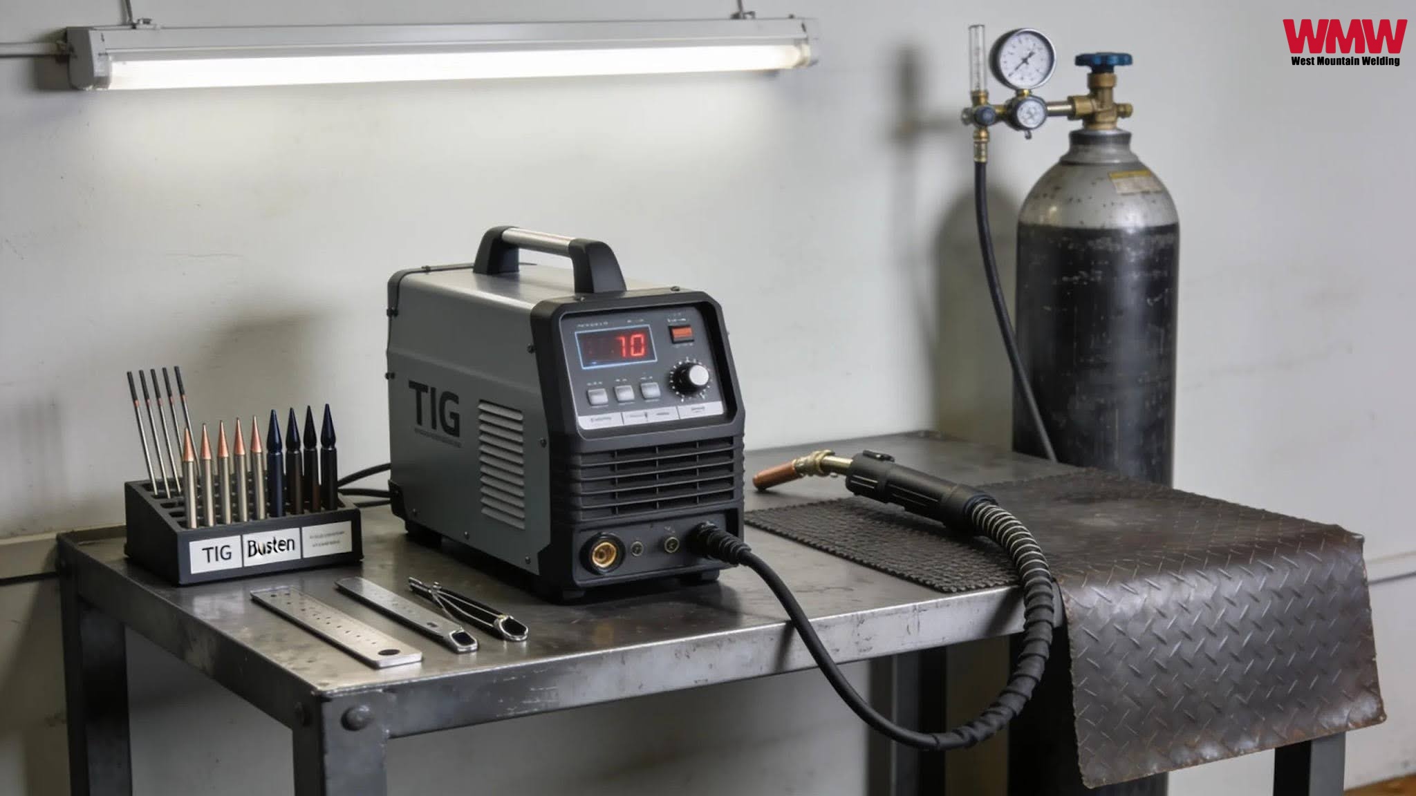 Essential TIG welding equipment including machine, tungsten electrodes, and argon gas for stainless steel welds Essential TIG welding equipment including machine, tungsten electrodes, and argon gas for stainless steel welds