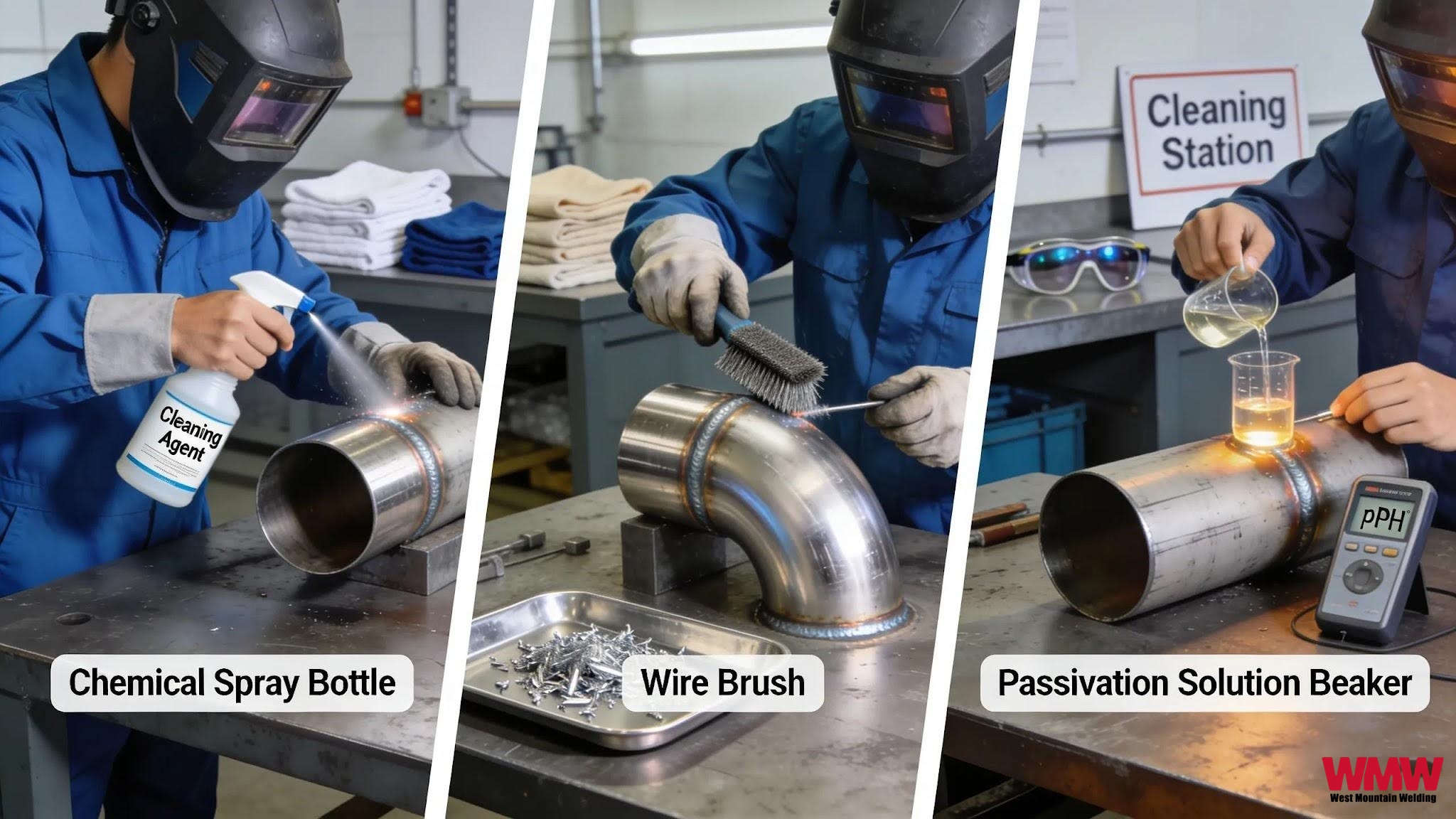 Welder performing various post-weld cleaning methods to enhance strength and appearance of stainless steel welds Welder performing various post-weld cleaning methods to enhance strength and appearance of stainless steel welds