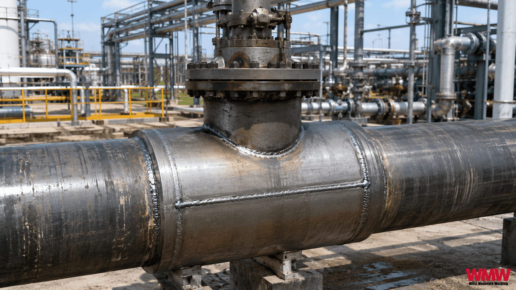 Split tee fitting welded onto an oil and gas pipeline for hot tapping in an industrial facility. Split tee fitting welded onto an oil and gas pipeline for hot tapping in an industrial facility.