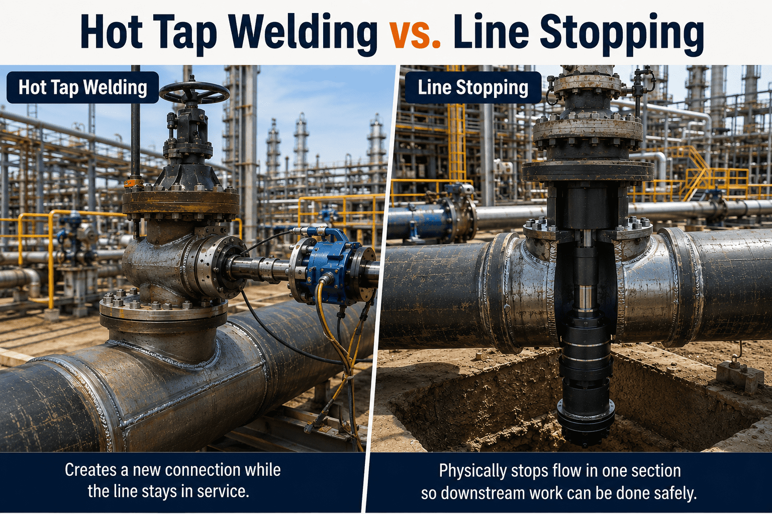 Hot tap welding vs LINE stopping comparison on an industrial oil and gas pipeline. Hot tap welding vs LINE stopping comparison on an industrial oil and gas pipeline.