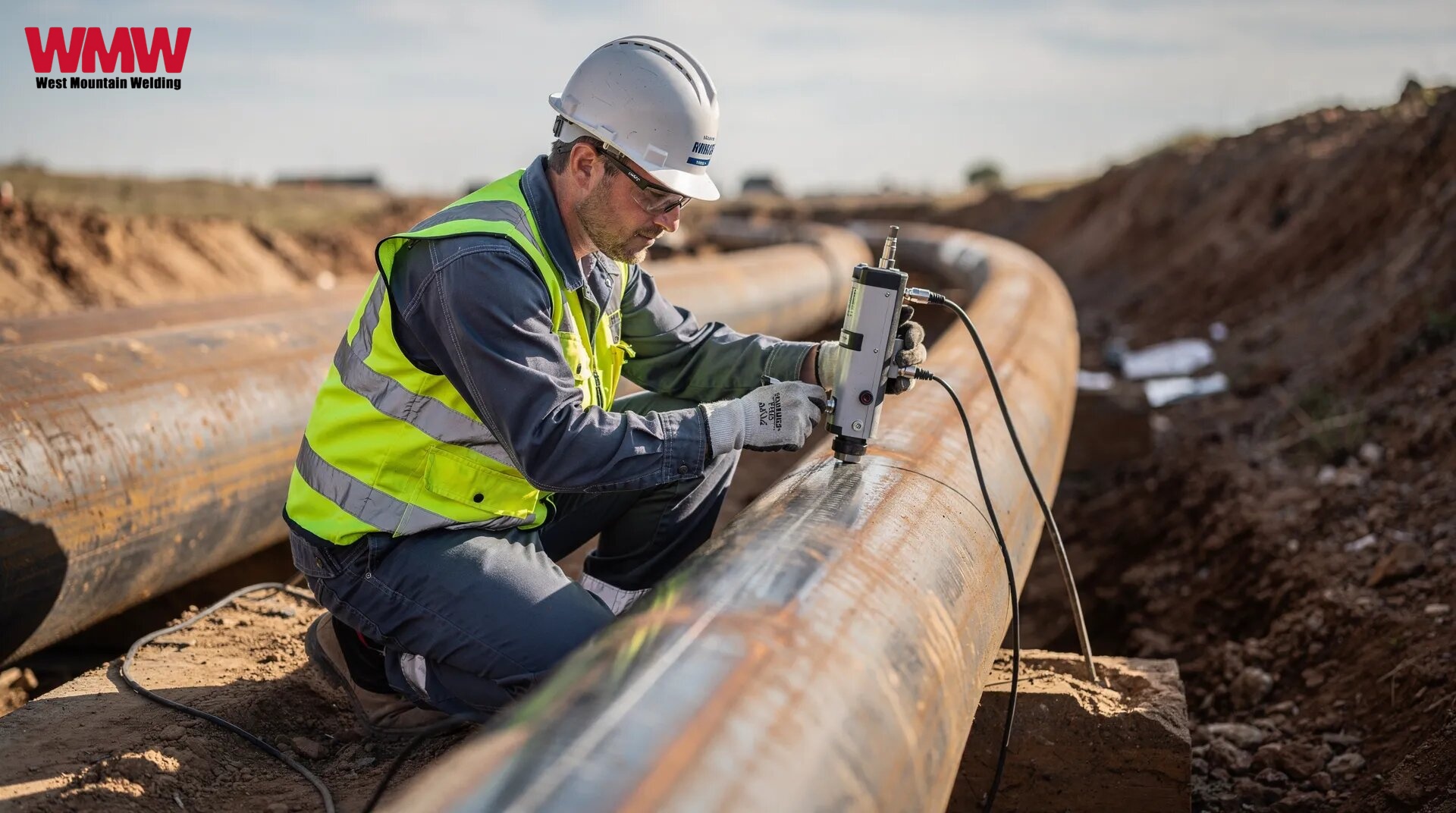 Certified Welder Checking the Damage Pipe with a Device To Prevent Costly Rework Certified Welder Checking the Damage Pipe with a Device To Prevent Costly Rework