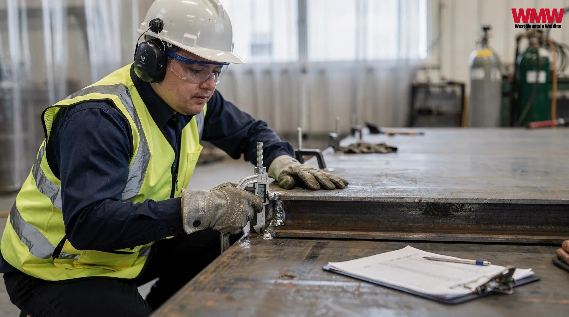 A safety-equipped welder reviews a pipe welding inspection checklist on a table, focusing on compliance and quality assurance. A safety-equipped welder reviews a pipe welding inspection checklist on a table, focusing on compliance and quality assurance.