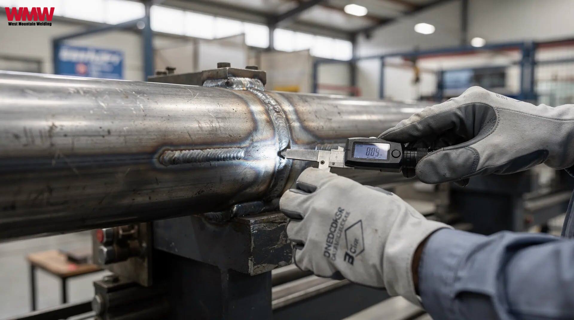 A metal fabricator wearing gloves measures a metal pipe with a caliper during a welding inspection process. A metal fabricator wearing gloves measures a metal pipe with a caliper during a welding inspection process.