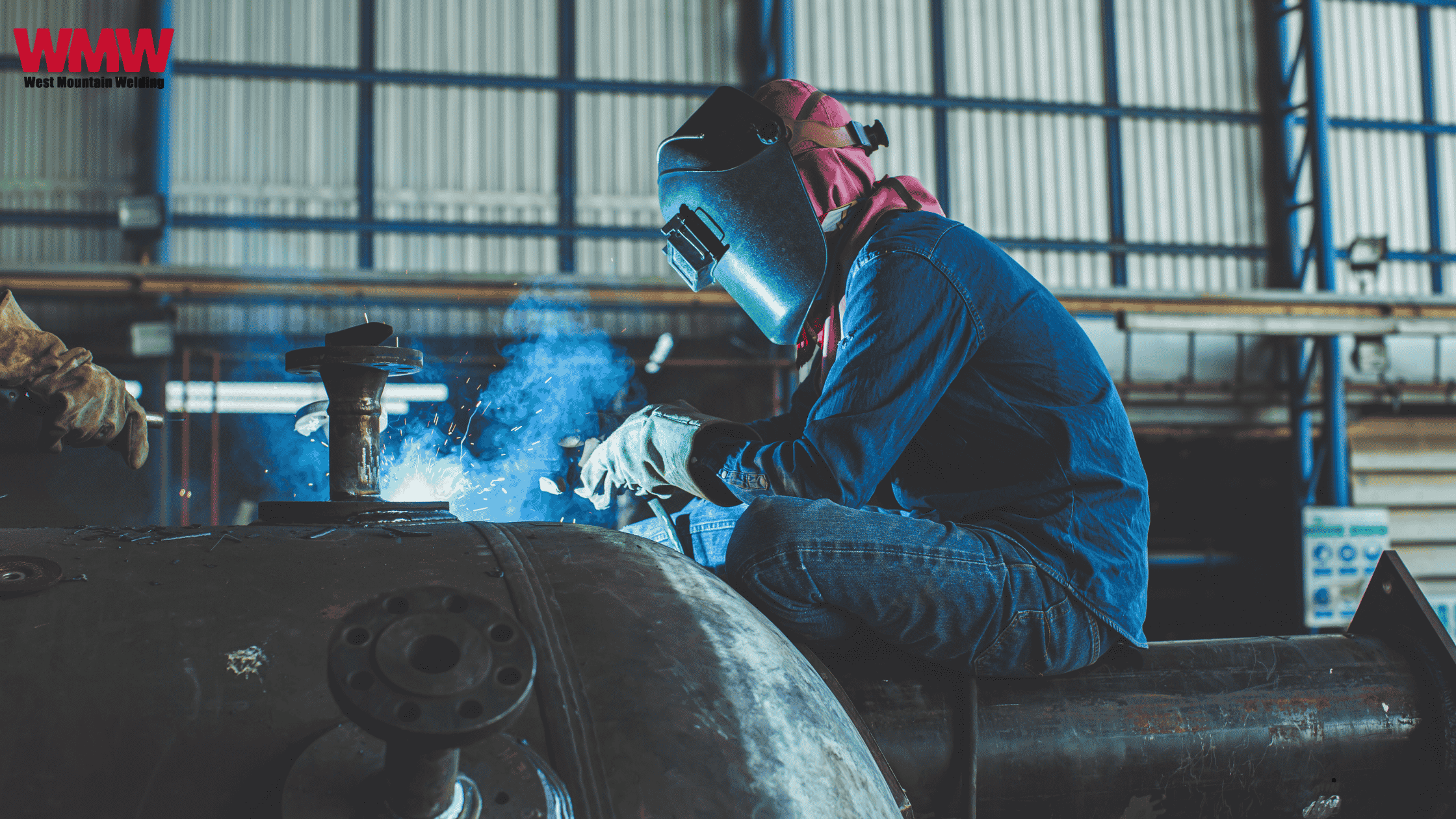 A welder fixing a damaged pipe in the oil and gas industry. A welder fixing a damaged pipe in the oil and gas industry.
