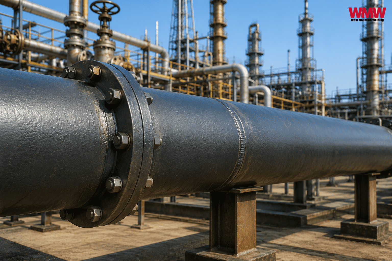 Repaired oil and gas pipeline with a clean welded joint at an industrial refinery. Repaired oil and gas pipeline with a clean welded joint at an industrial refinery.