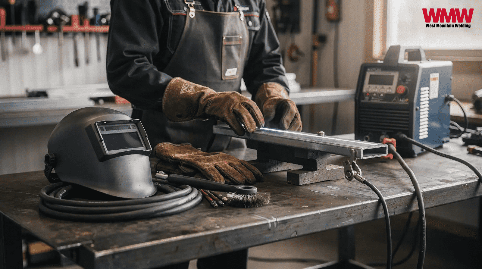 A welder in an apron and welding helmet prepares to perform high-pressure boiler welding. A welder in an apron and welding helmet prepares to perform high-pressure boiler welding.