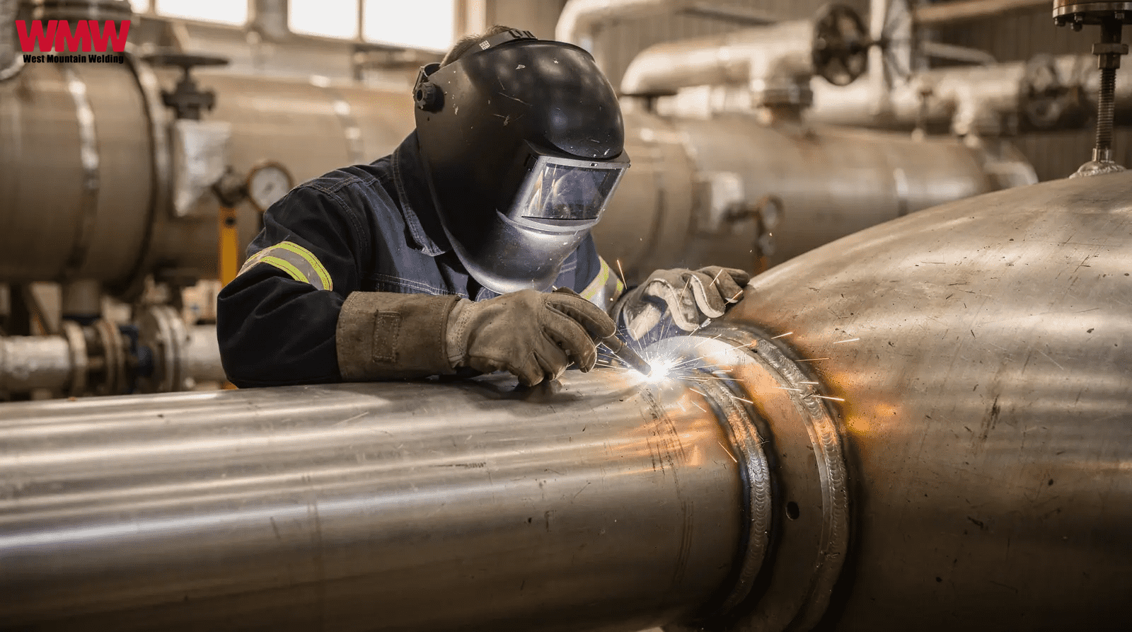A welder wearing a welding helmet is engaged in pipe repair, illustrating typical boiler repair mistakes. A welder wearing a welding helmet is engaged in pipe repair, illustrating typical boiler repair mistakes.