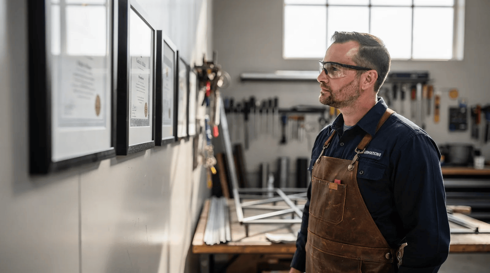 A welder stands in front of a wall, representing the importance of certifications for fabricators. A welder stands in front of a wall, representing the importance of certifications for fabricators.