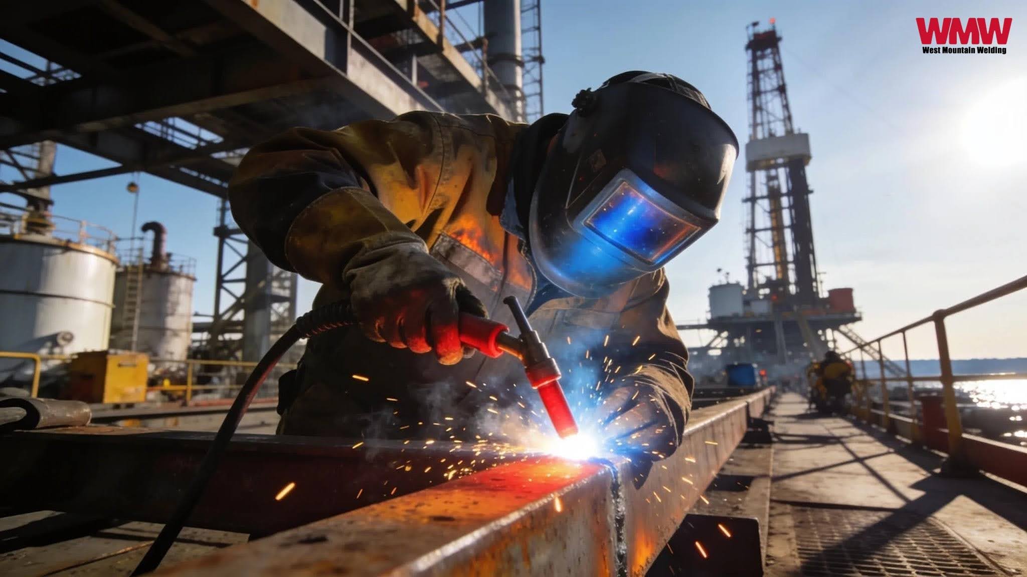 A welding welding a steel pipe on an oil rig, demonstrating field service support in an industrial setting. A welding welding a steel pipe on an oil rig, demonstrating field service support in an industrial setting.