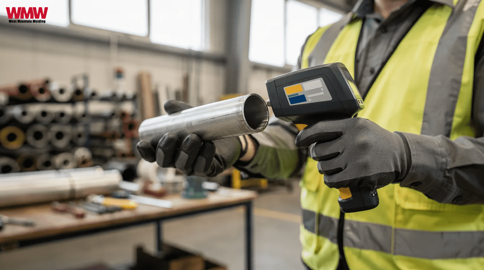 A welder in a safety vest inspects a metal pipe during a defined weldability test sequence. A welder in a safety vest inspects a metal pipe during a defined weldability test sequence.
