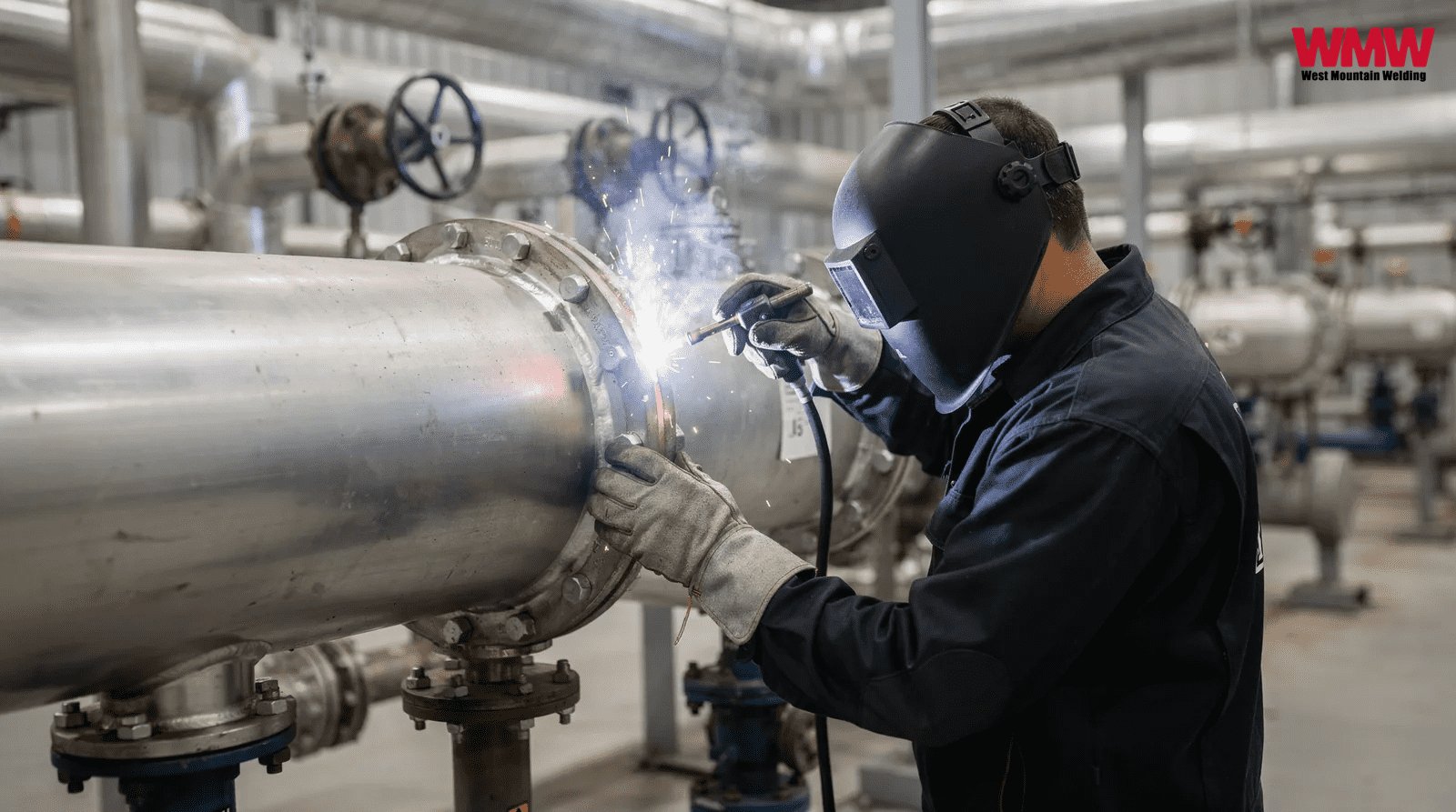 A welder in a helmet is engaged in steam welding pipe, showcasing precision and skill in a workshop environment. A welder in a helmet is engaged in steam welding pipe, showcasing precision and skill in a workshop environment.