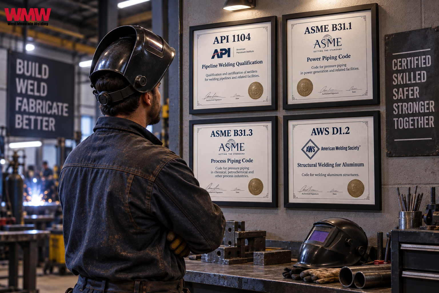 Welder viewing welding certifications displayed on a fabrication shop wall. Welder viewing welding certifications displayed on a fabrication shop wall.