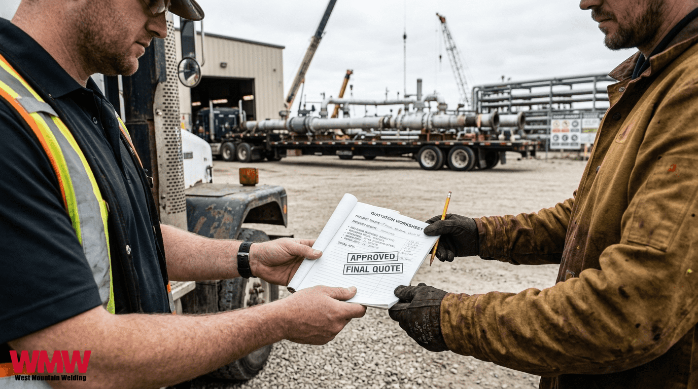 Two men stand in front of a truck, reviewing a quote for an oil and gas welding project. Two men stand in front of a truck, reviewing a quote for an oil and gas welding project.