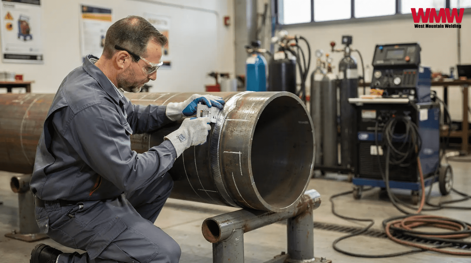 A pipeline wedling inspector examines a pipe during testing for the API 1104 certification process. A pipeline wedling inspector examines a pipe during testing for the API 1104 certification process.