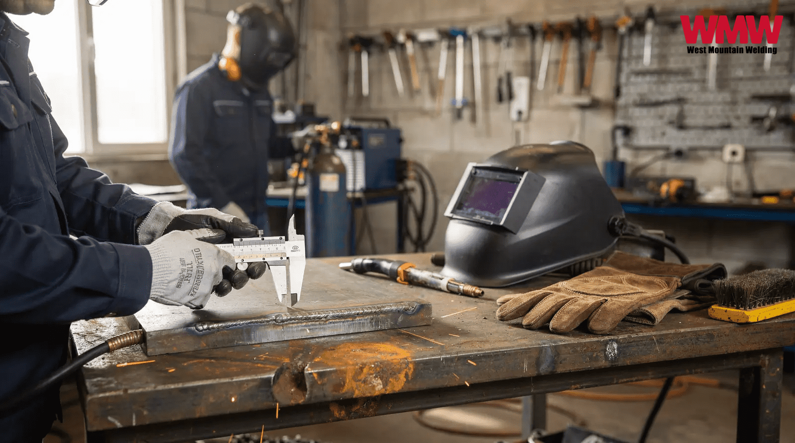 A welder in a workshop wearing a helmet, focused on pipeline welding, ensuring compliance with safety standards. A welder in a workshop wearing a helmet, focused on pipeline welding, ensuring compliance with safety standards.