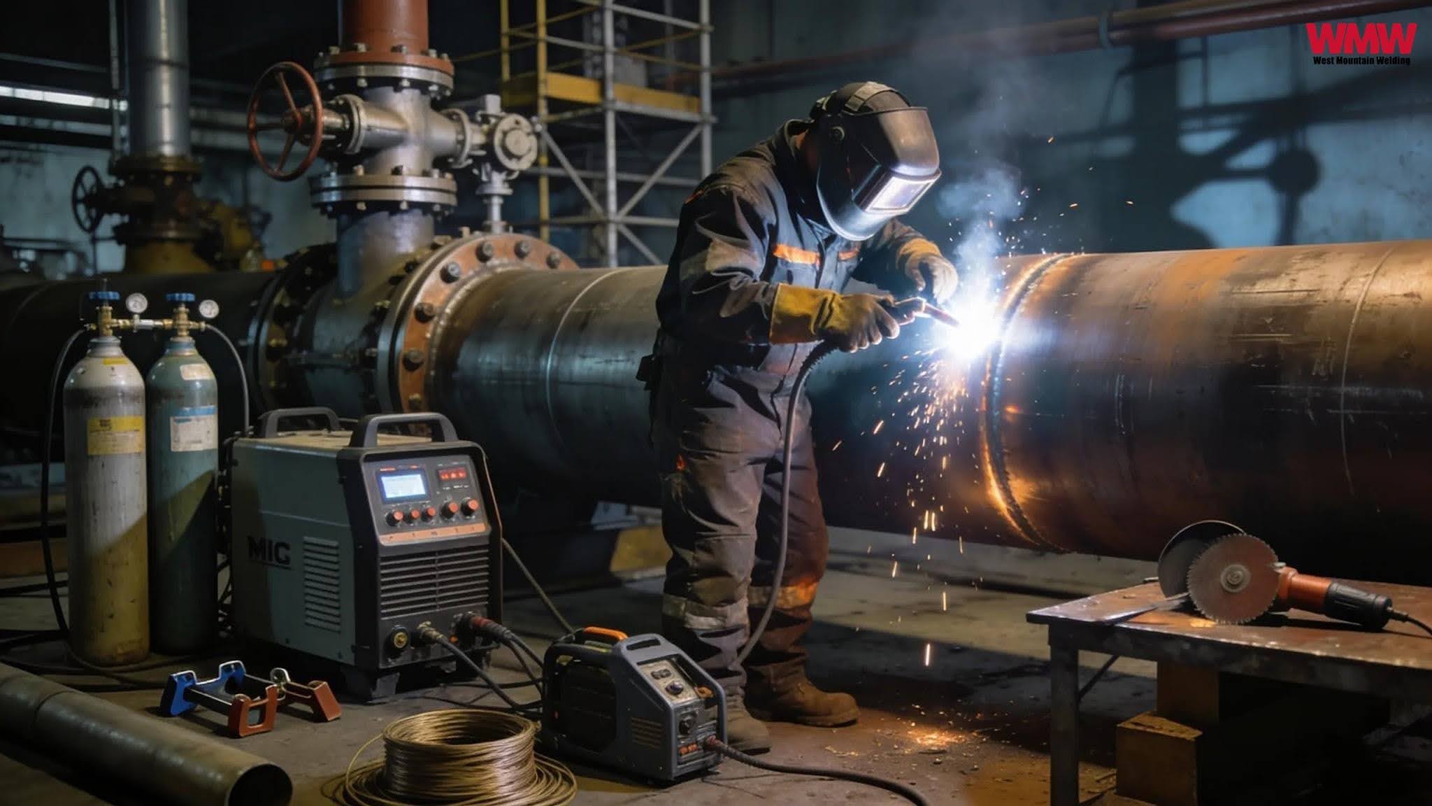A welder repairs a pipe in an industrial factory, demonstrating the process of fixing an oil pipeline leak. A welder repairs a pipe in an industrial factory, demonstrating the process of fixing an oil pipeline leak.