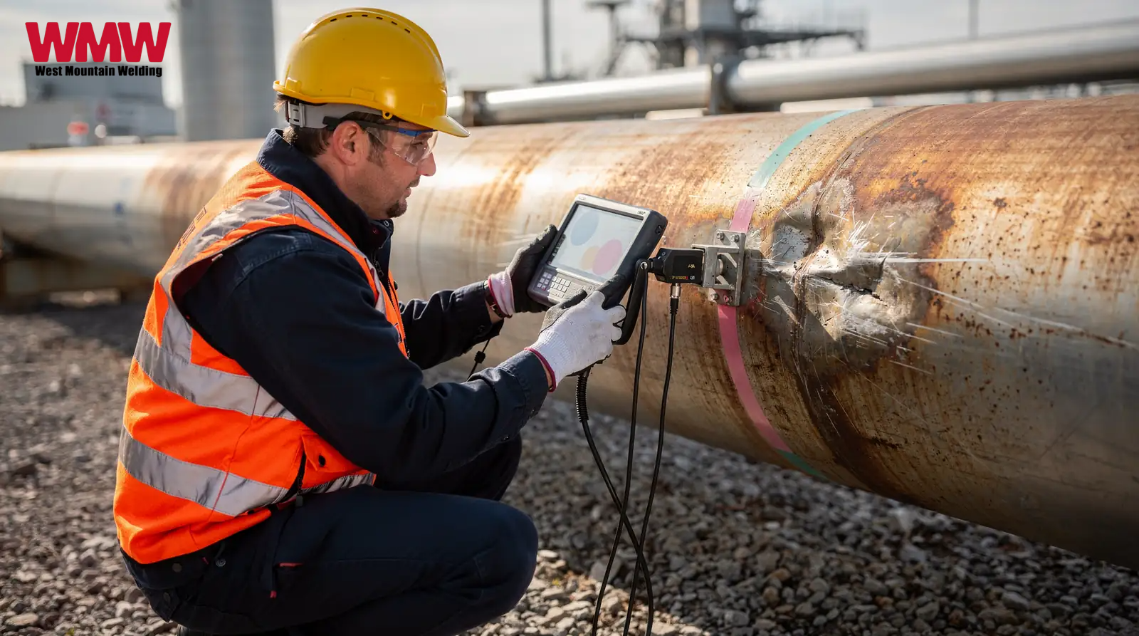 A proessional welder in an orange safety vest measures a pipe's length using a digital device during a pipeline repair project. A proessional welder in an orange safety vest measures a pipe's length using a digital device during a pipeline repair project.
