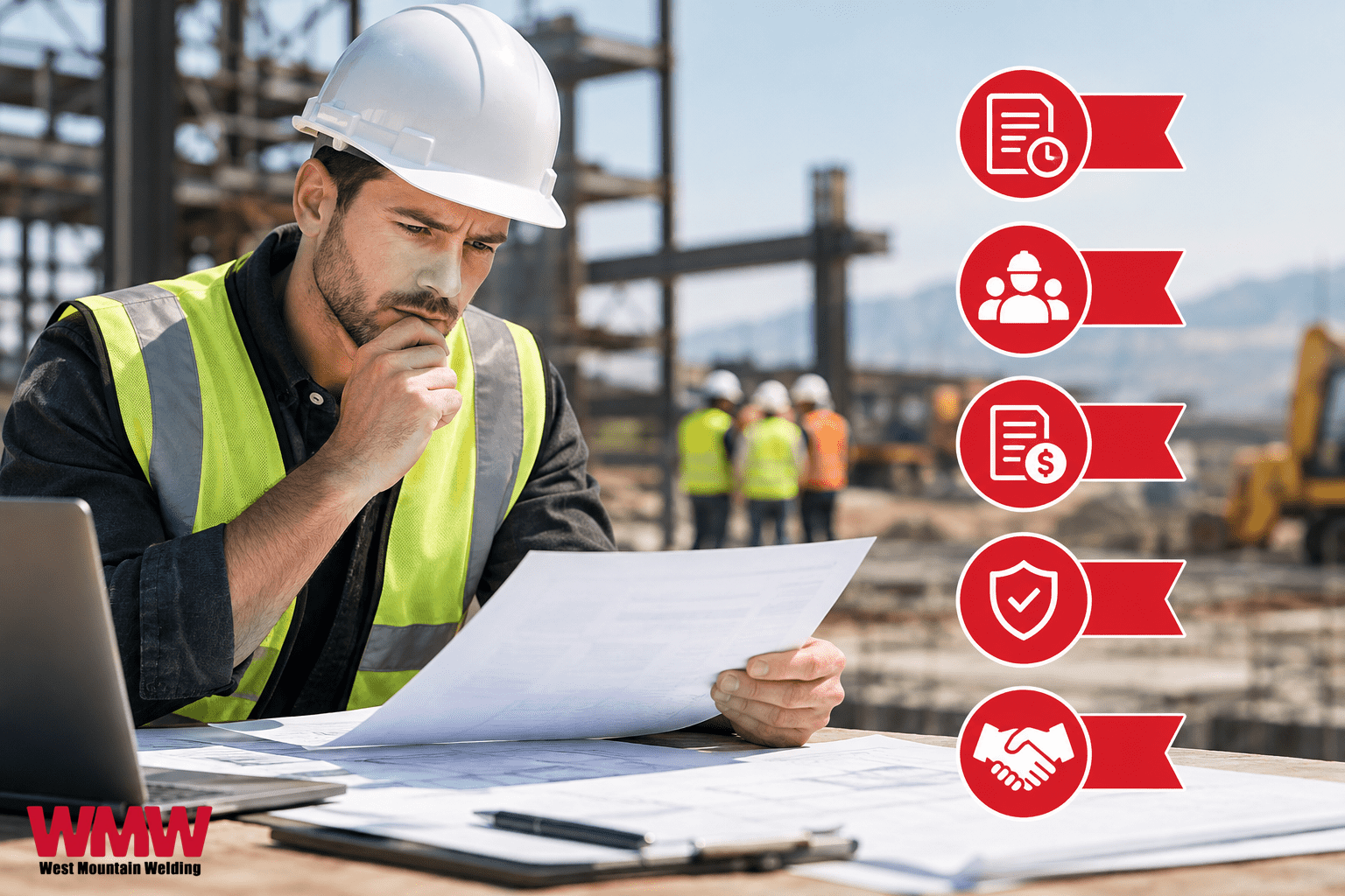Construction manager reviewing bid documents and red flags before hiring an oil and gas welding contractor. Construction manager reviewing bid documents and red flags before hiring an oil and gas welding contractor.
